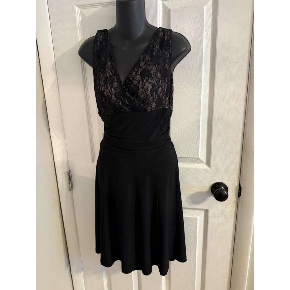 Chaps Women’s Size Large Petite LP Black Ruched Waist Lace Top Dress NWT
